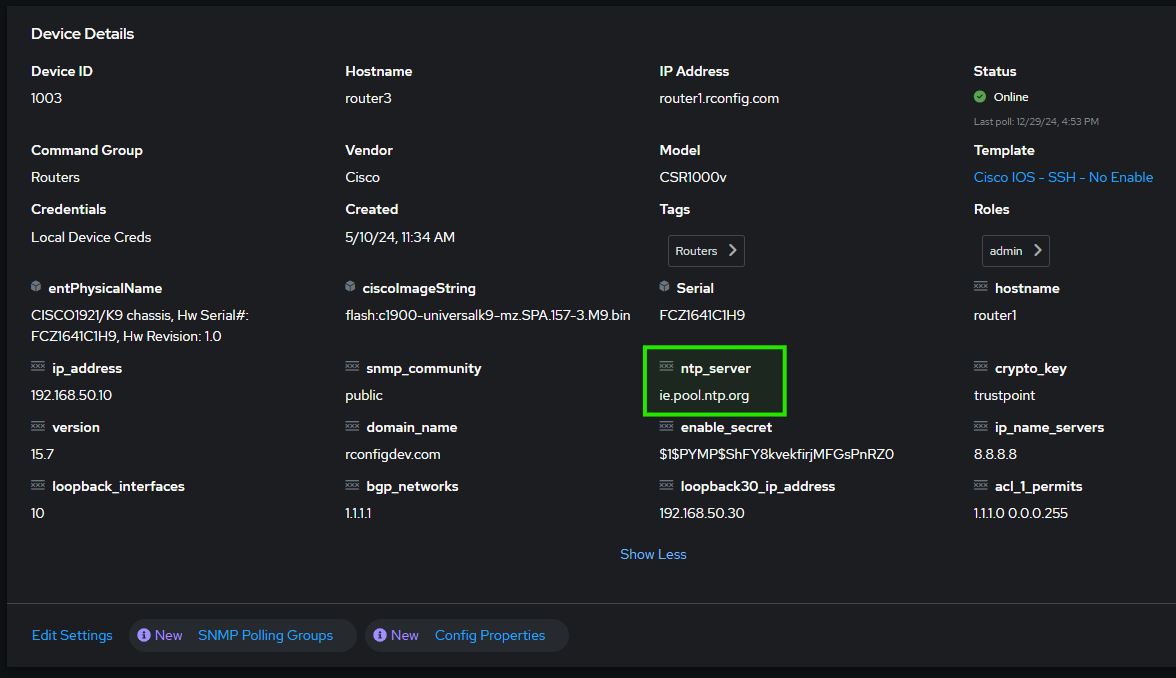 Screenshot showing Device Details panel with Configuration Properties