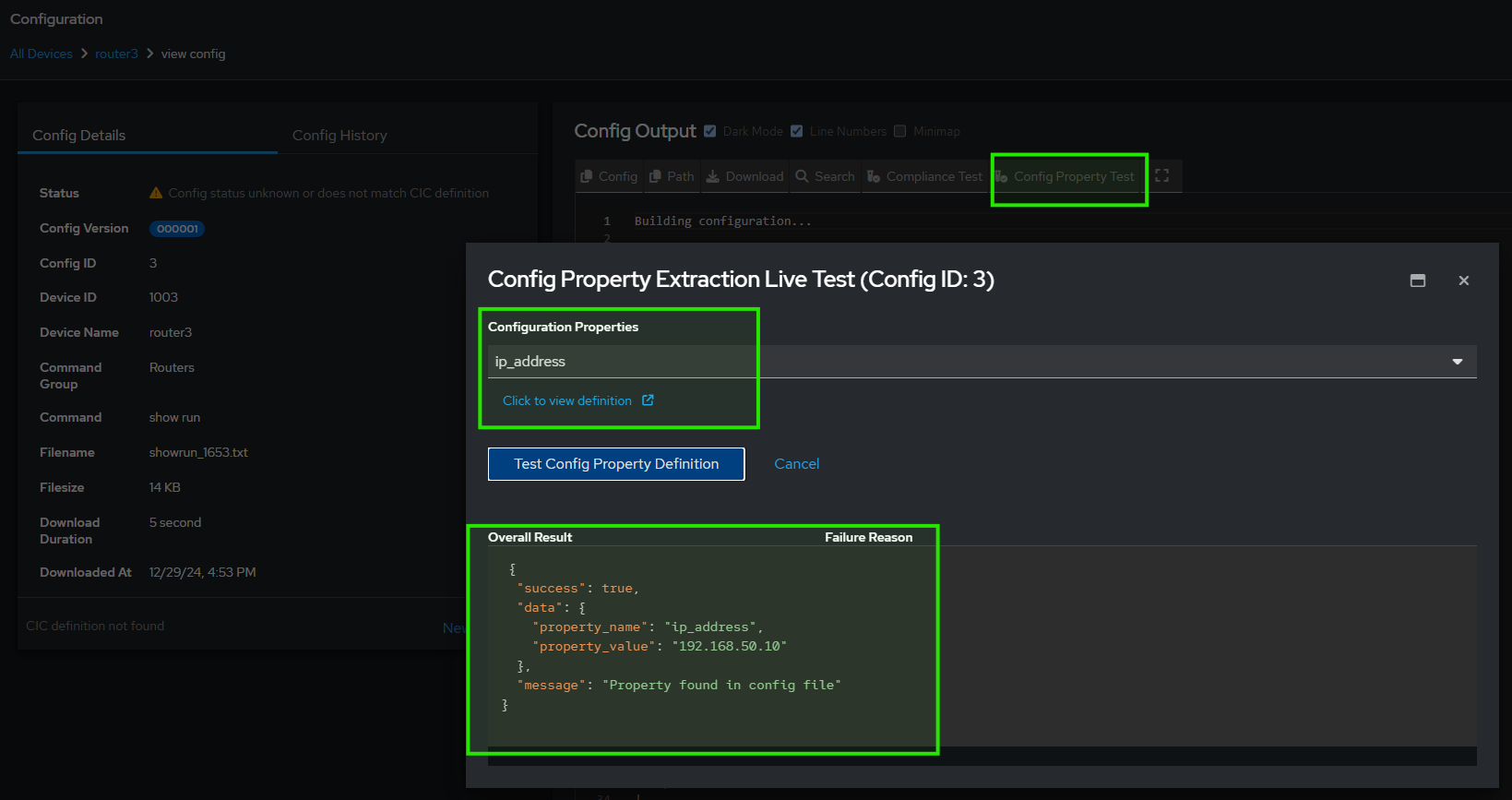 Screenshot showing Configuration Property test popup