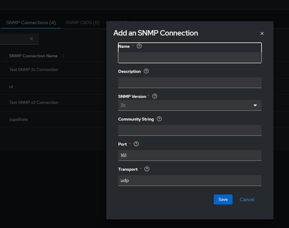 Screenshot showing SNMP connection configuration