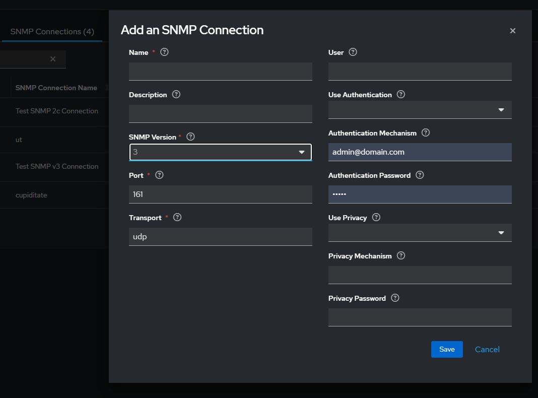 Screenshot showing SNMP connection configuration