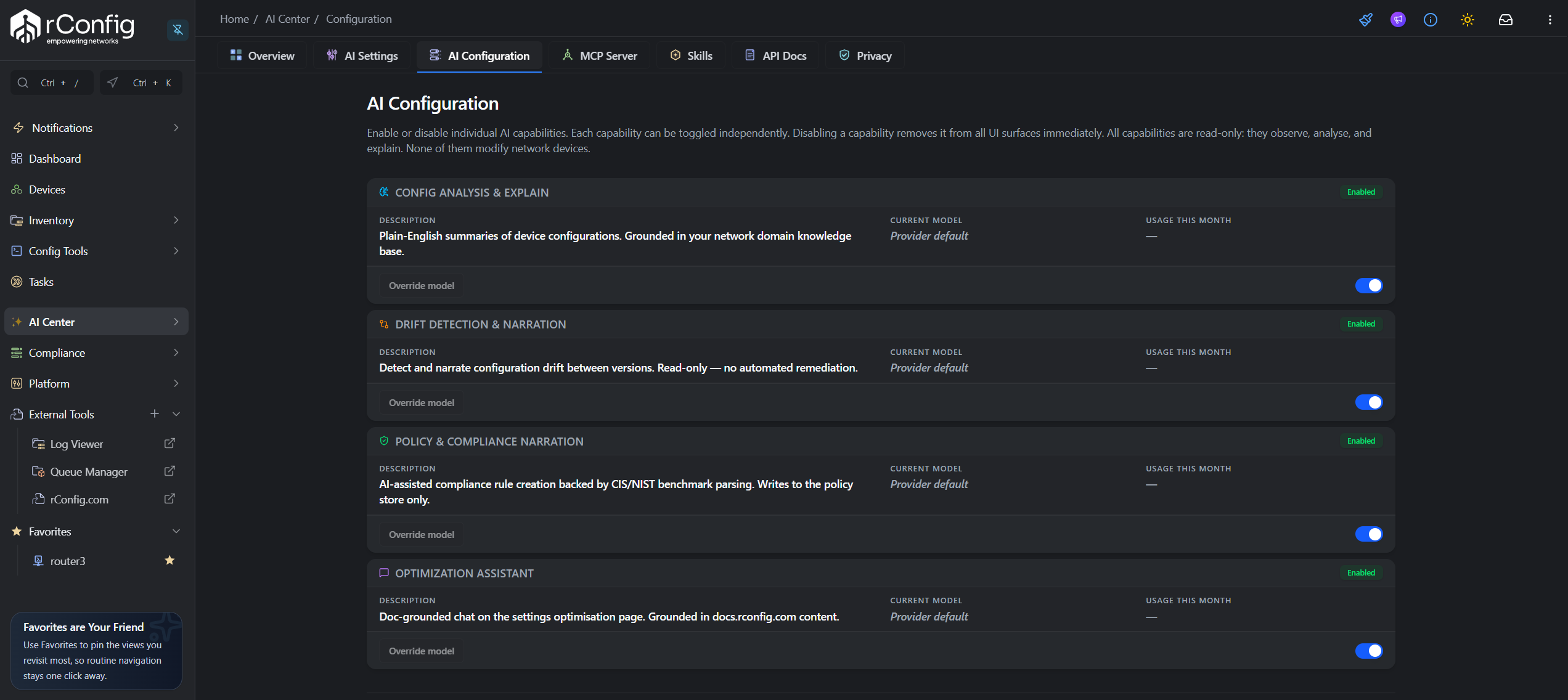 rConfig V8 AI Configuration tab showing the four capability cards (Config Analysis & Explain, Drift Detection & Narration, Policy & Compliance Narration, Optimization Assistant), each with a description, current model, usage this month, a disabled Override model button, and an enable/disable toggle