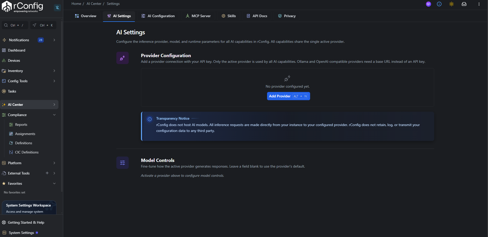 rConfig V8 AI Settings tab showing the empty state with a dashed border and an Add Provider button before any AI provider has been configured
