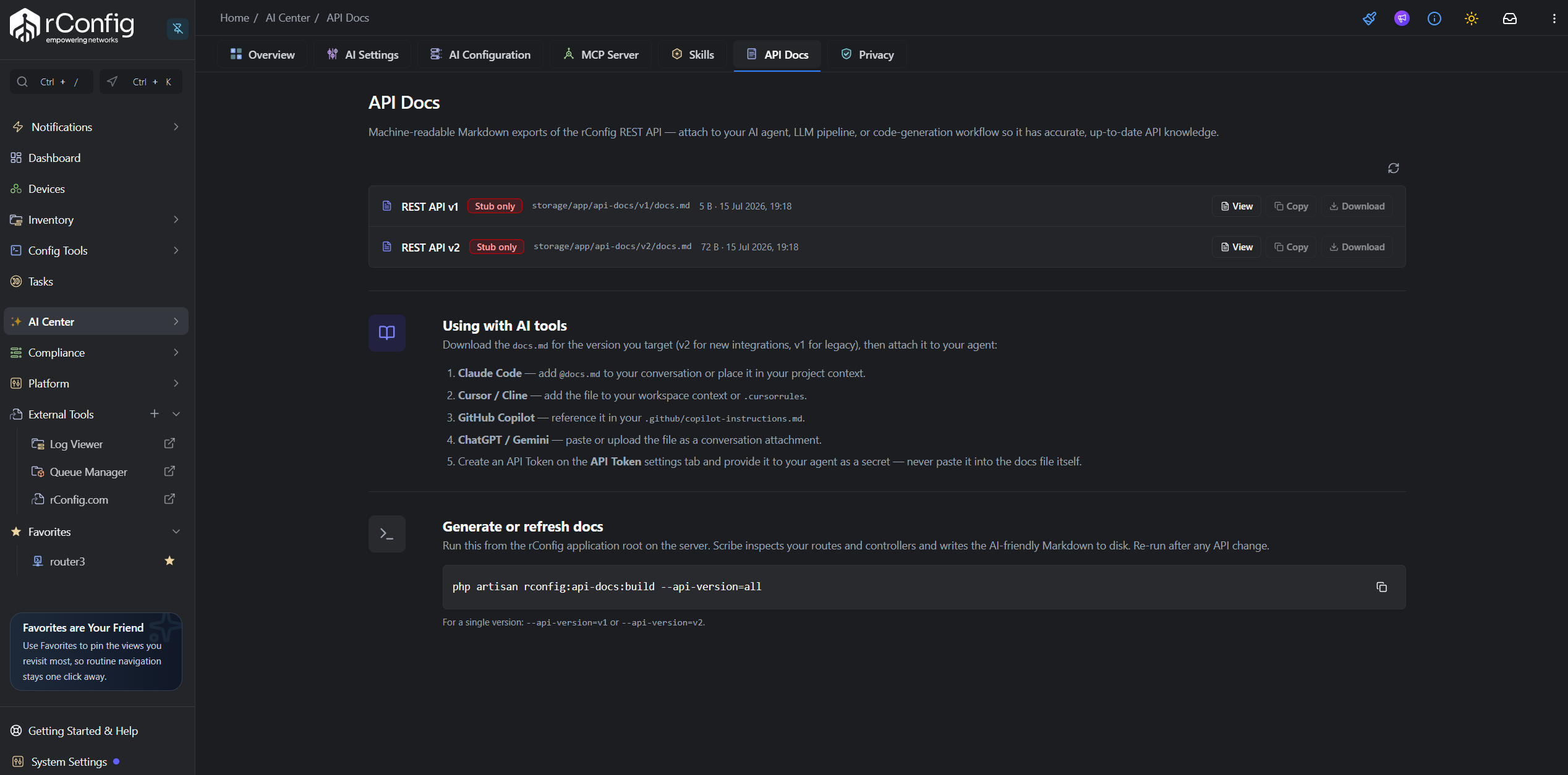rConfig V8 API Docs tab showing REST API v1 and REST API v2 rows with status badges, file paths, and View, Copy, and Download buttons