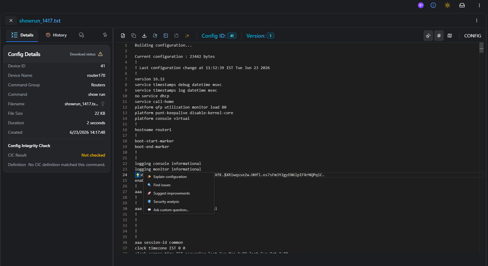rConfig V8 config viewer Monaco editor with a code selection highlighted and the lightbulb action menu open, showing Explain configuration, Find issues, Suggest improvements, Security analysis, and Ask custom question options