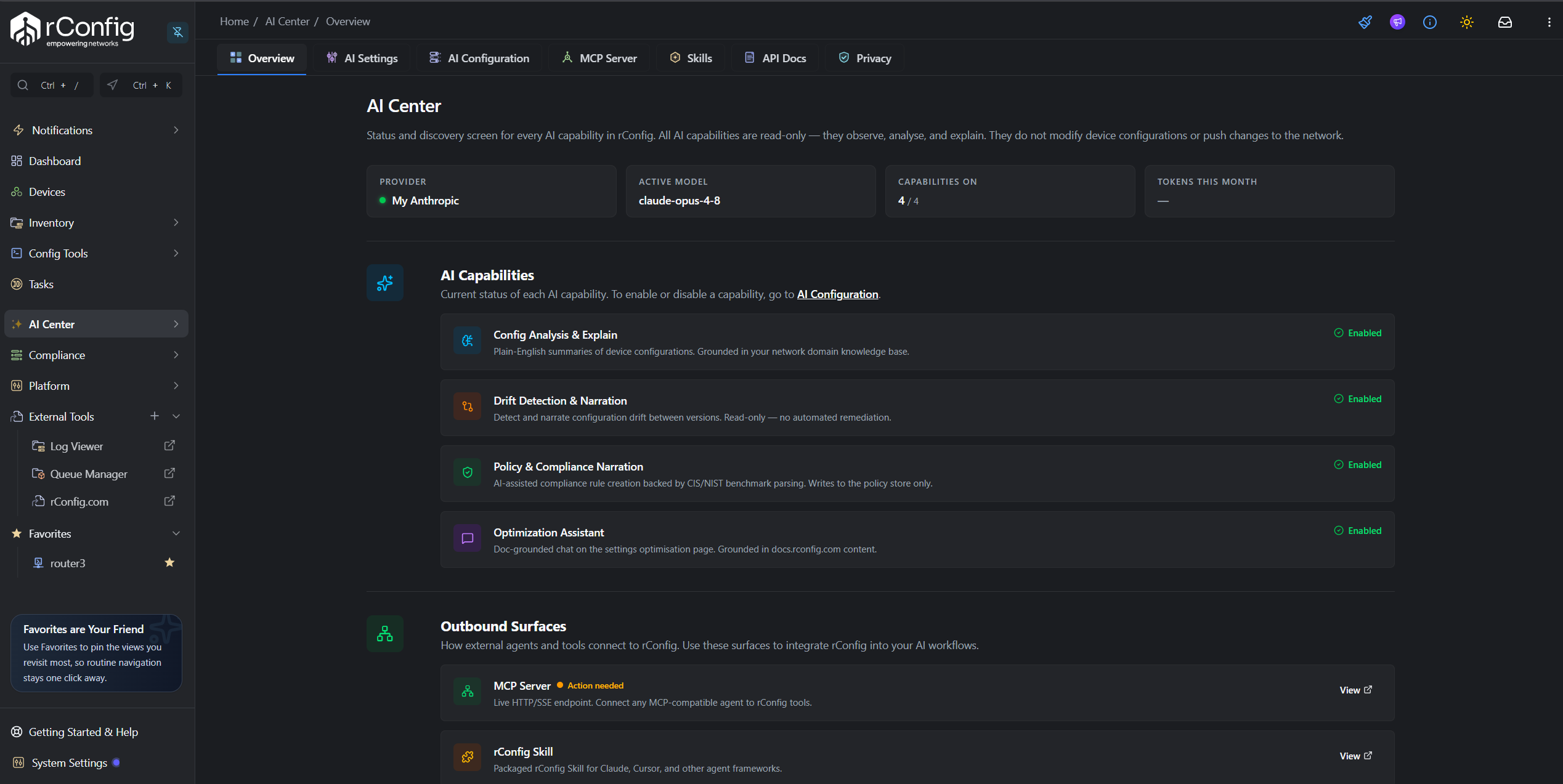 rConfig V8 AI Center Overview page showing provider status, active model, enabled capabilities list, and outbound surfaces (MCP Server, Skills, API Docs)