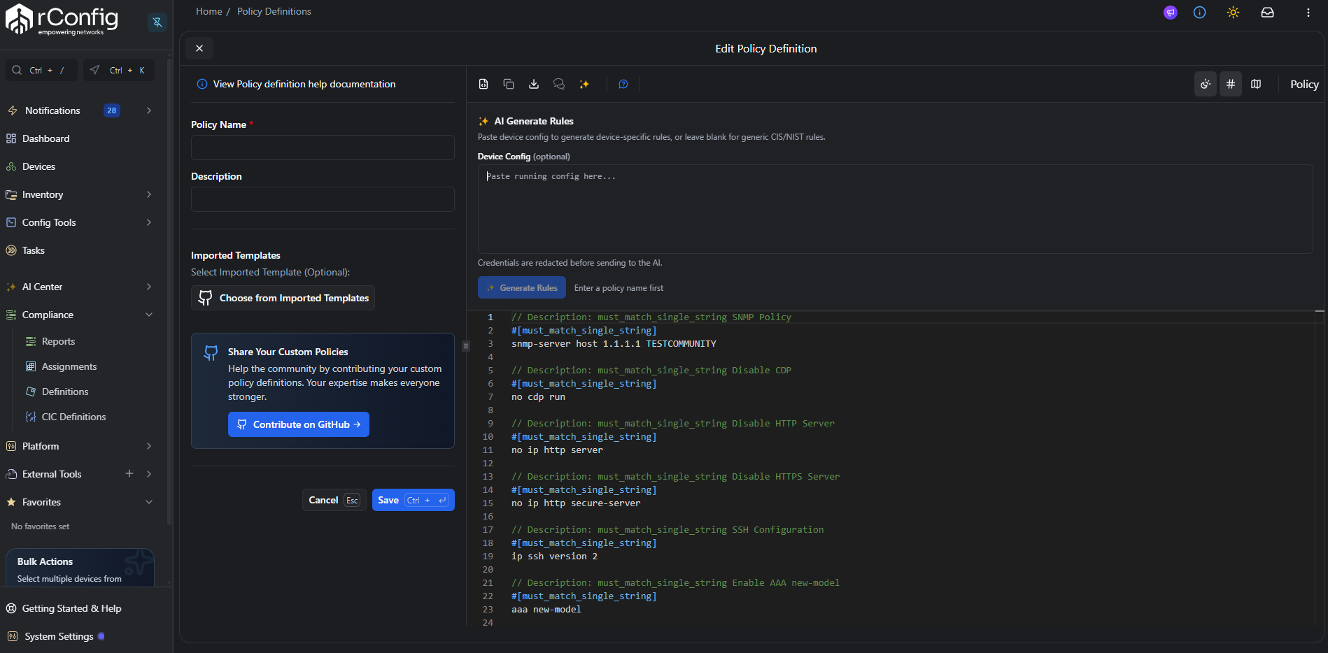 rConfig V8 policy definition editor with the AI Generate Rules panel open, showing a paste-in config box and a Generate Rules button