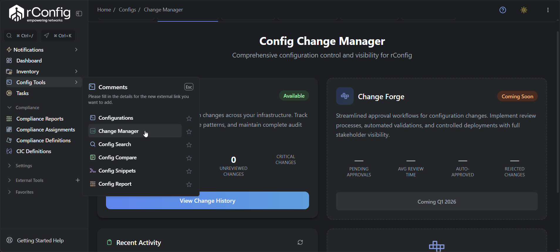 rConfig V8 navigation menu interface highlighting Change Manager location in Config Tools section