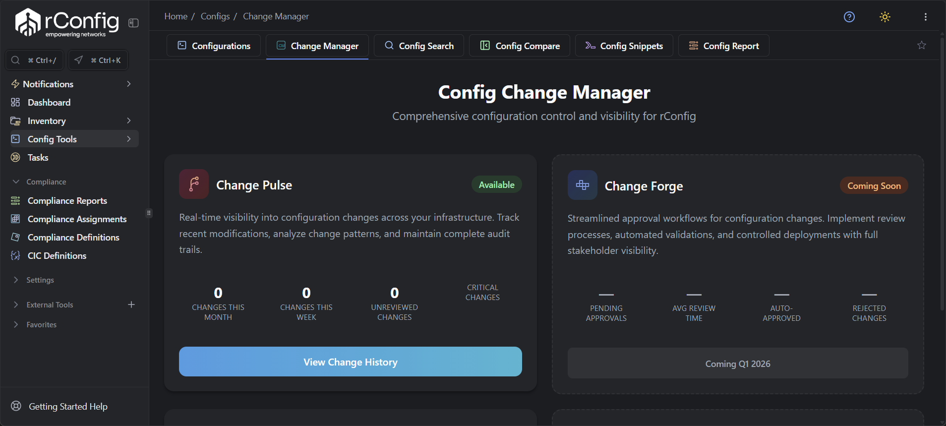rConfig V8 Change Manager dashboard displaying Pulse analytics and Forge workflow status for network configuration control