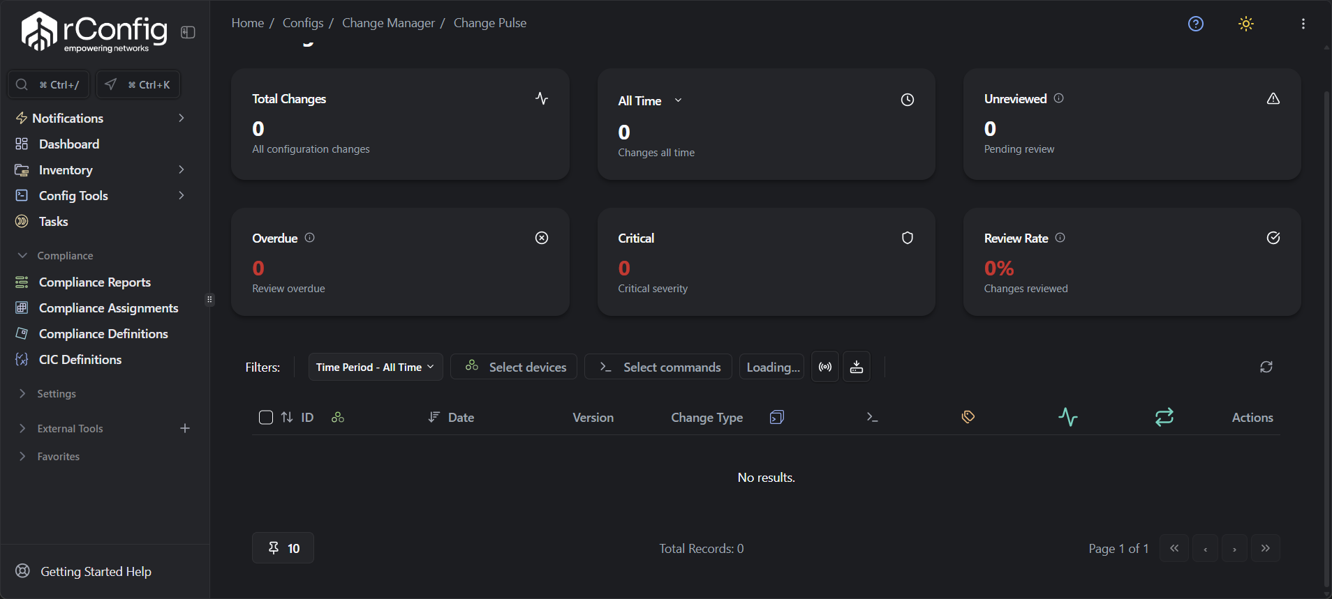 rConfig V8 Change Pulse dashboard displaying network configuration change metrics and recent device activity timeline