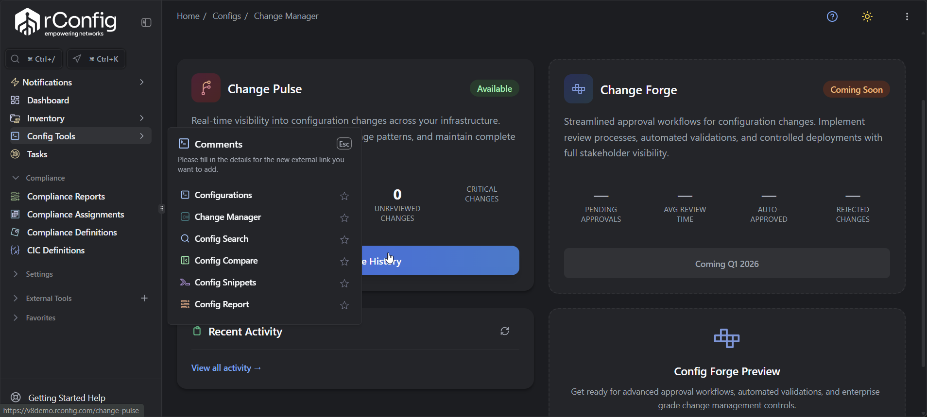rConfig V8 Change Pulse interface showing metrics cards for change tracking and detailed configuration change table