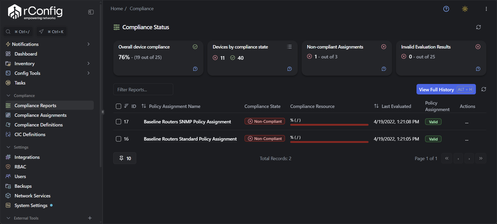 Policy Compliance main view showing assignment list with compliance statistics