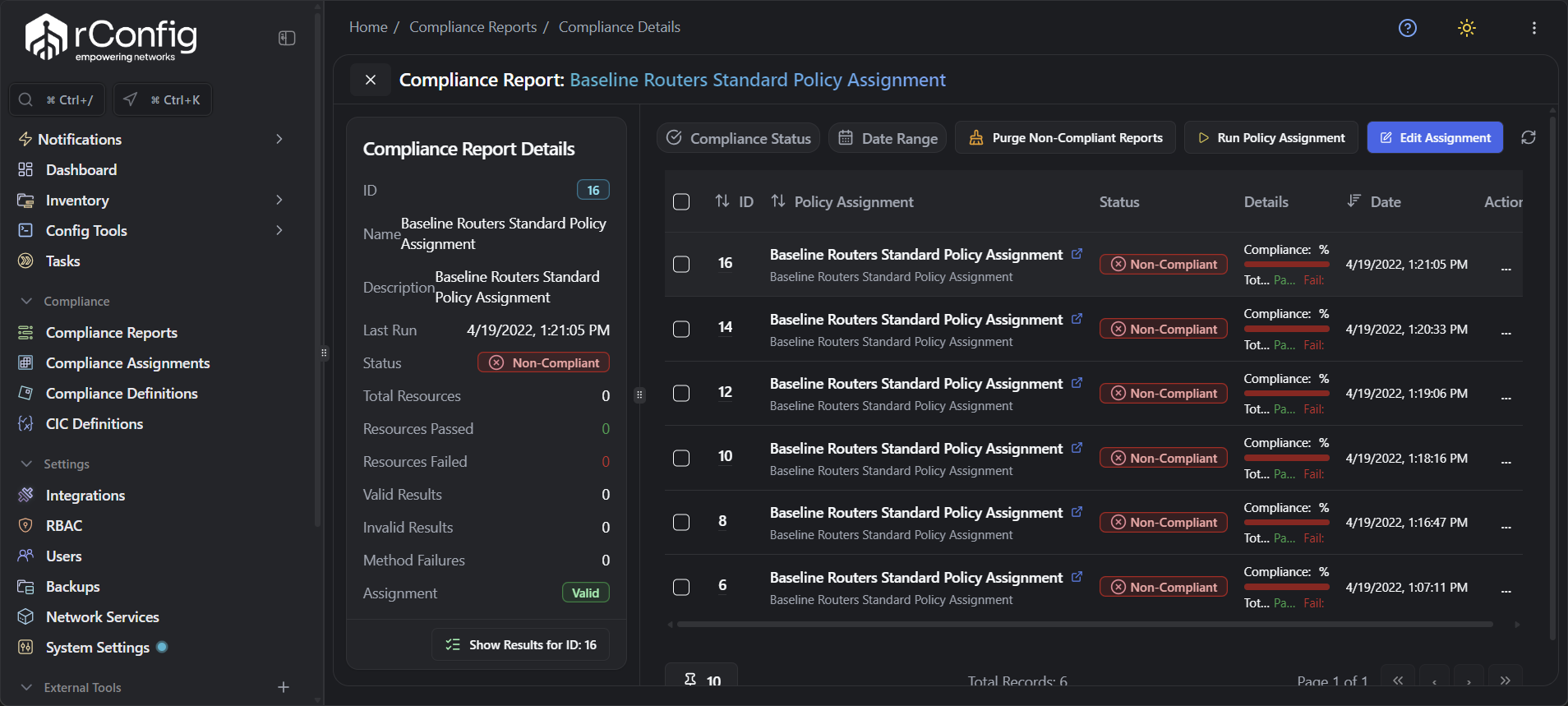 Policy Compliance main view with expanded assignment showing summary data