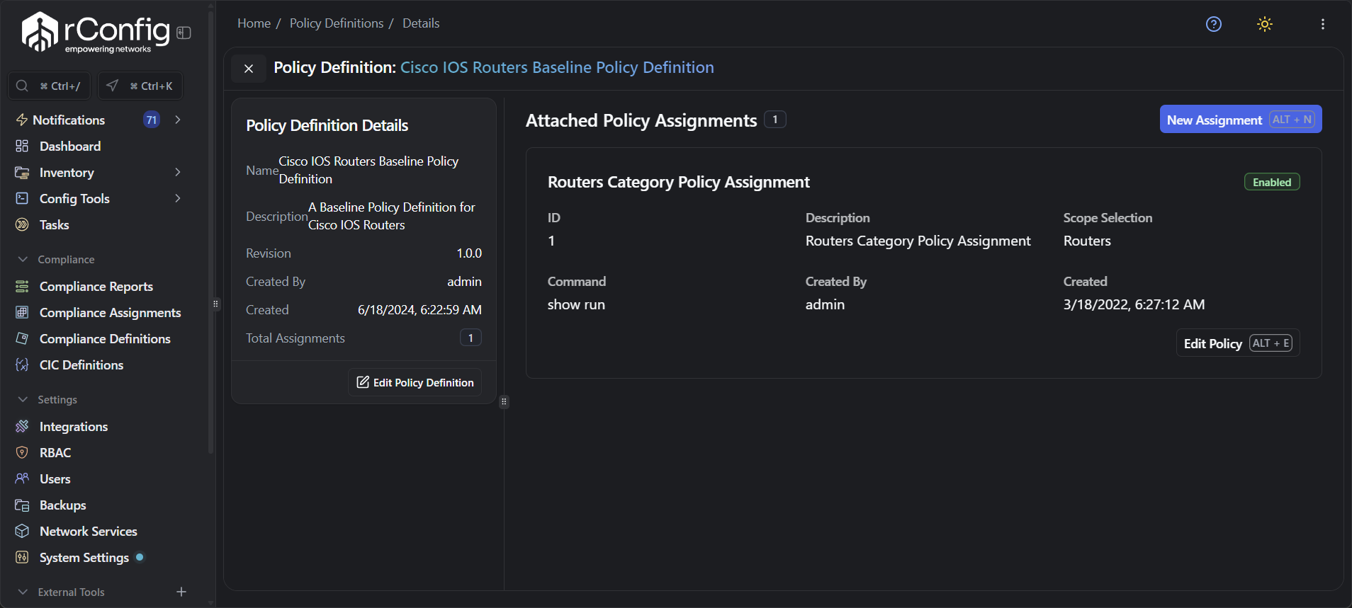 Expanded policy assignment showing device list and action buttons