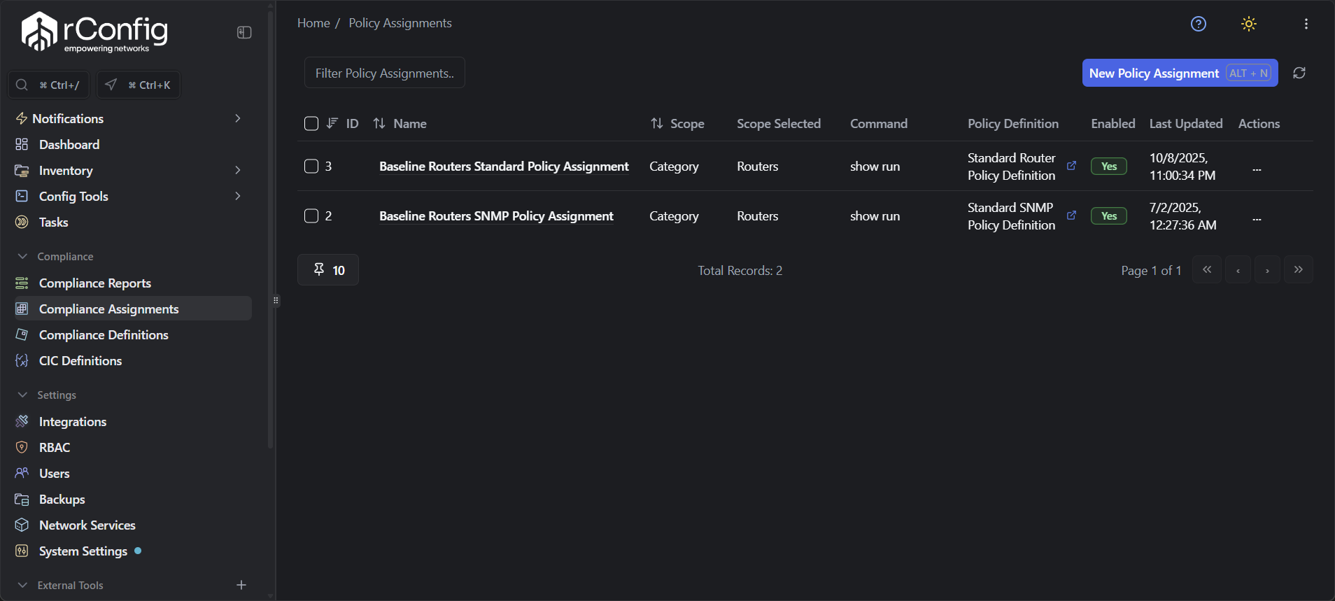 rConfig V8 Pro policy assignments main view displaying assignment list with device scopes, compliance rules, command outputs, enabled status, and execution timestamps for network configuration validation