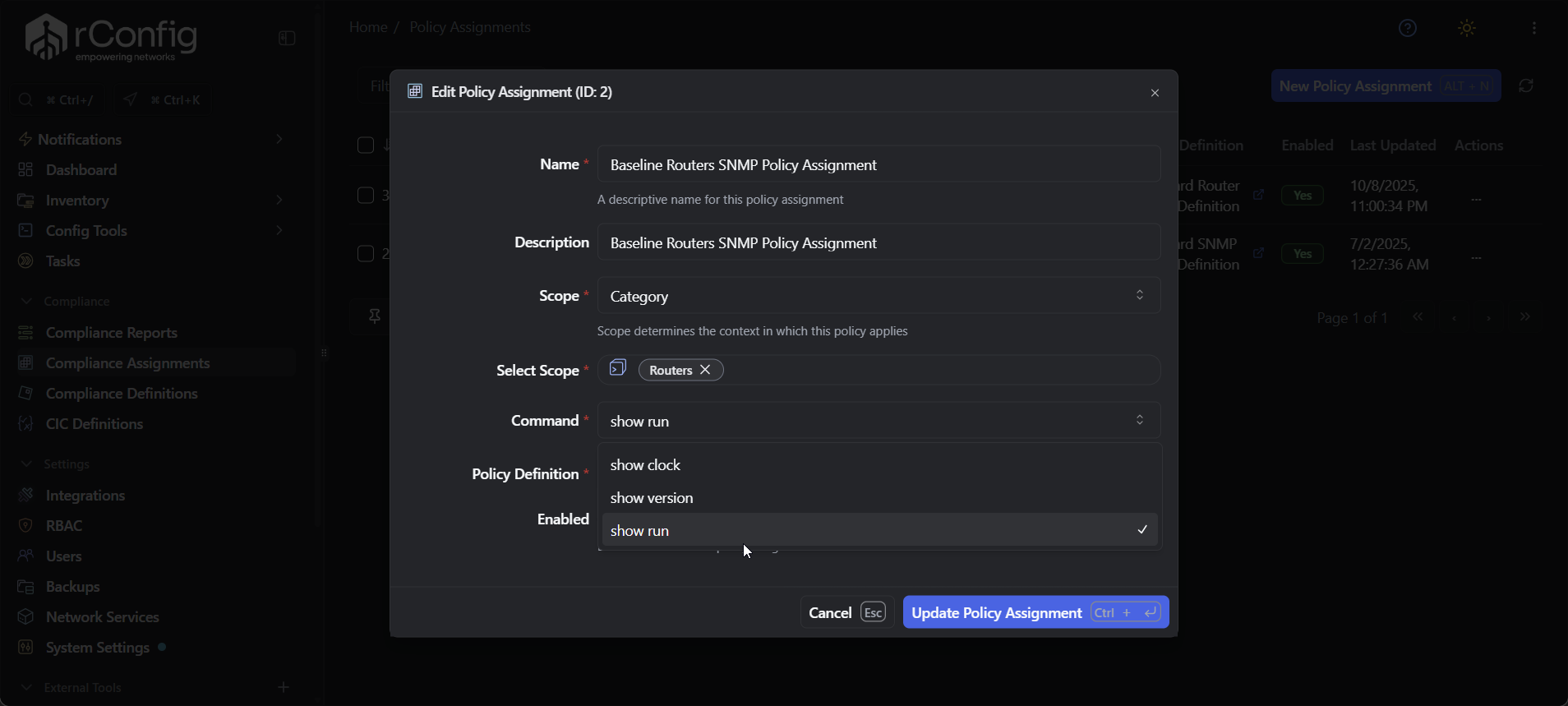rConfig V8 Pro command selection dropdown showing available device configuration outputs including show running-config, show version, and vendor-specific commands for compliance validation