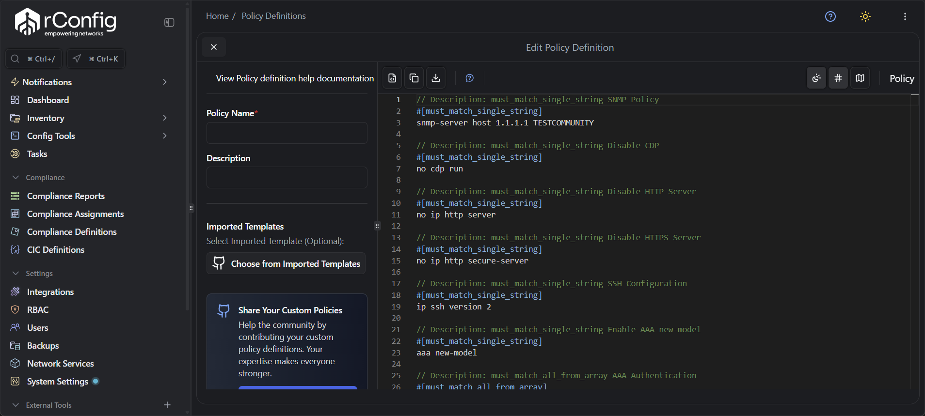 rConfig V8 Pro policy definition editor interface with syntax highlighting, auto-completion, and default template showing compliance rule validation methods