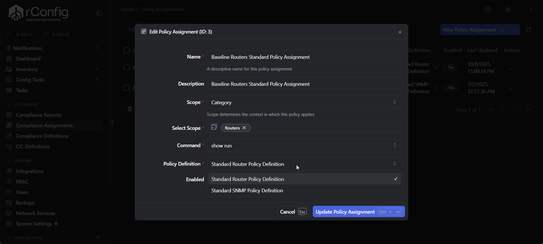 rConfig V8 Pro policy definition selection dropdown listing available network configuration compliance rule definitions for assignment to devices