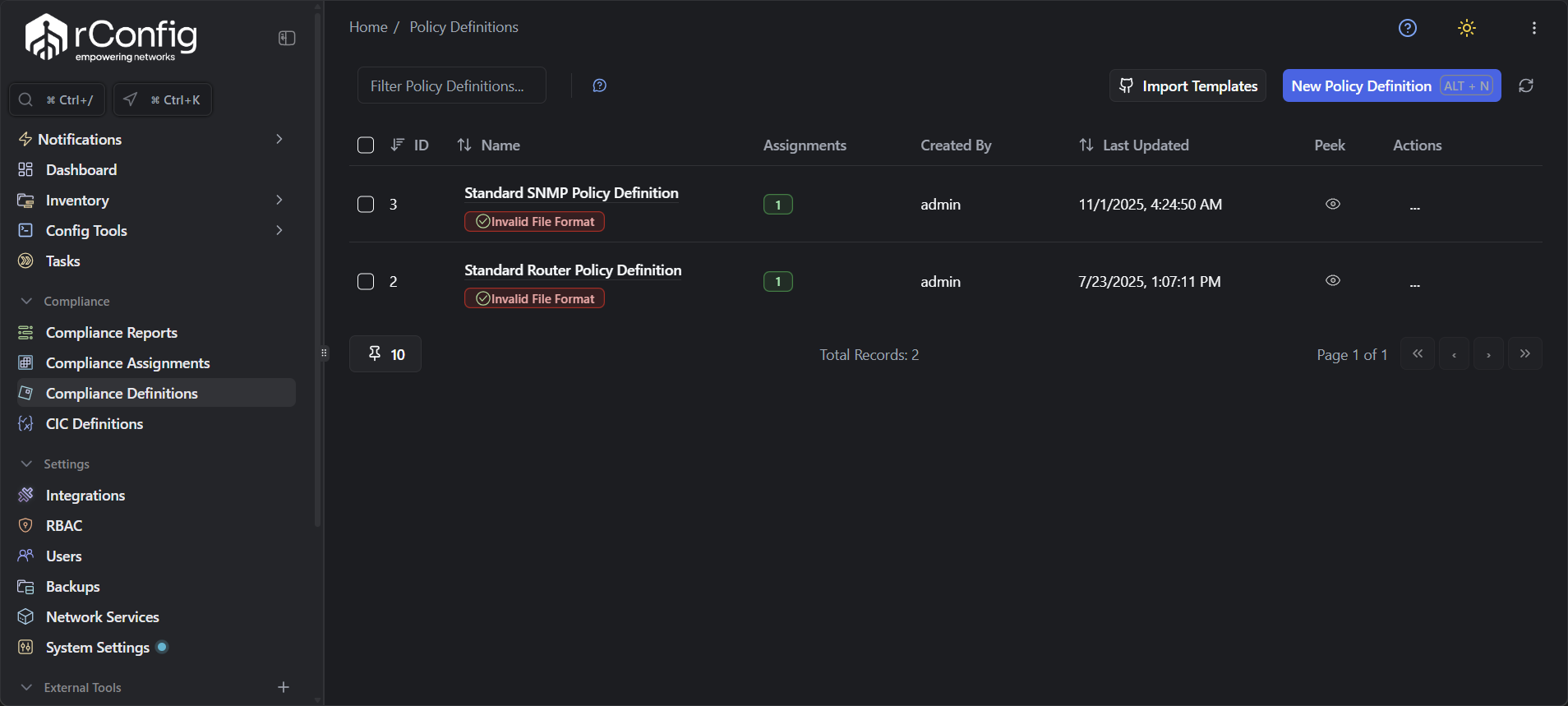 rConfig V8 Pro policy definitions main view displaying list of network configuration compliance rule definitions with names, descriptions, creation dates, and assignment counts
