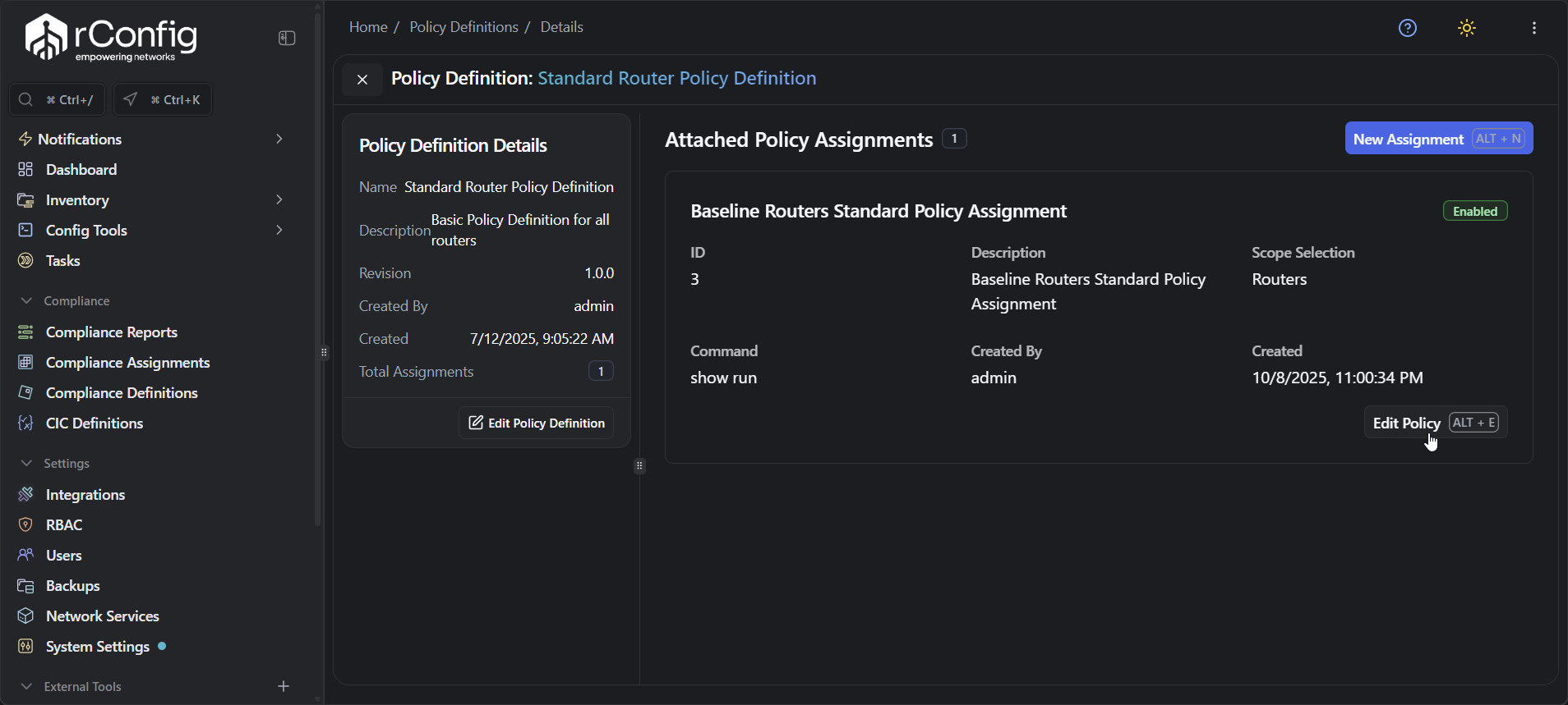 Expanded rConfig V8 Pro policy assignment view showing detailed configuration including scope, command selection, policy definition, and compliance validation settings
