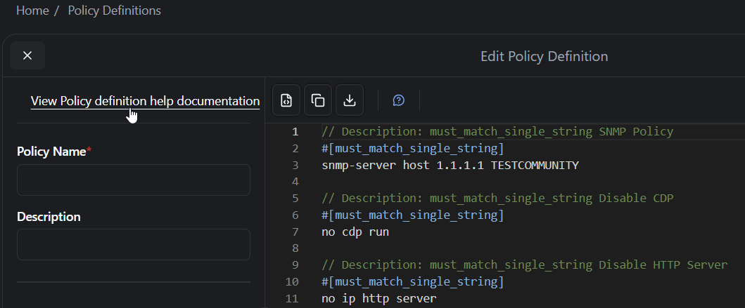 rConfig V8 Pro policy definition help dialog displaying all 14 validation methods with syntax examples, wildcards, and best practices for network configuration compliance