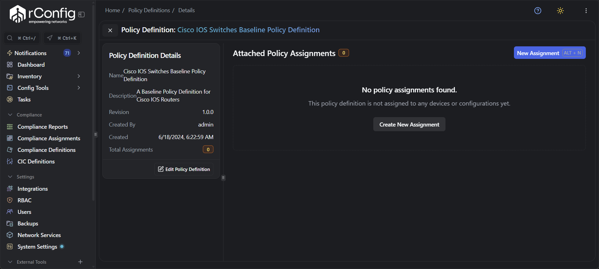 Detailed compliance results page showing per-device status