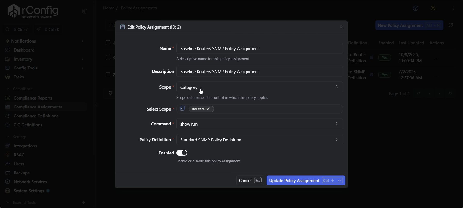 rConfig V8 Pro assignment scope selection interface with device, category, and tag options for flexible network configuration compliance policy targeting