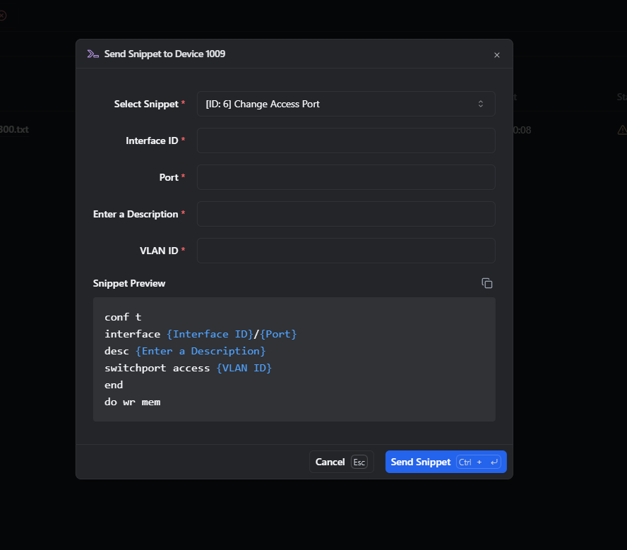 rConfig V8 parameter input dialog for snippet variable values during network configuration deployment