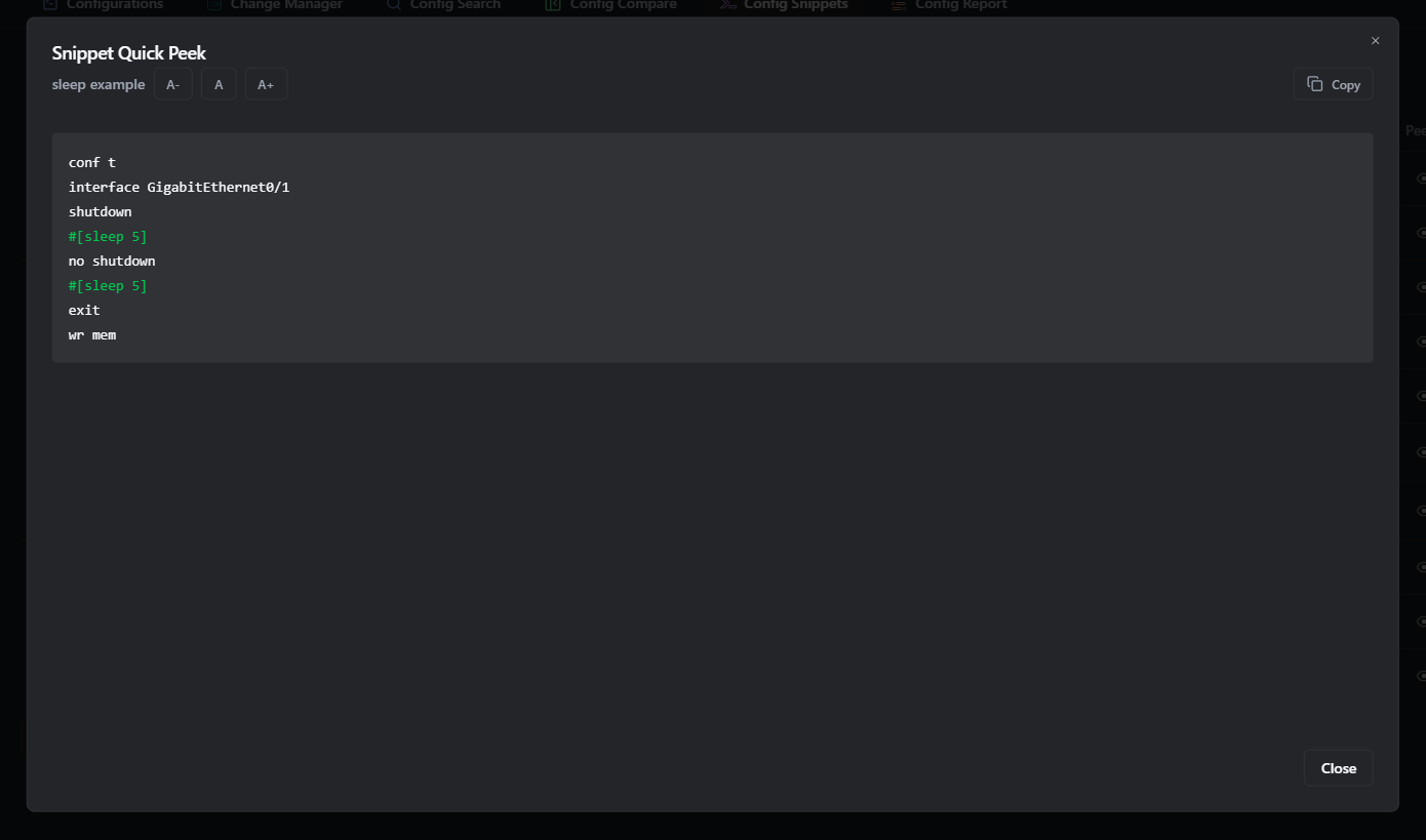 rConfig V8 configuration snippet editor showing sleep instruction for deployment timing control