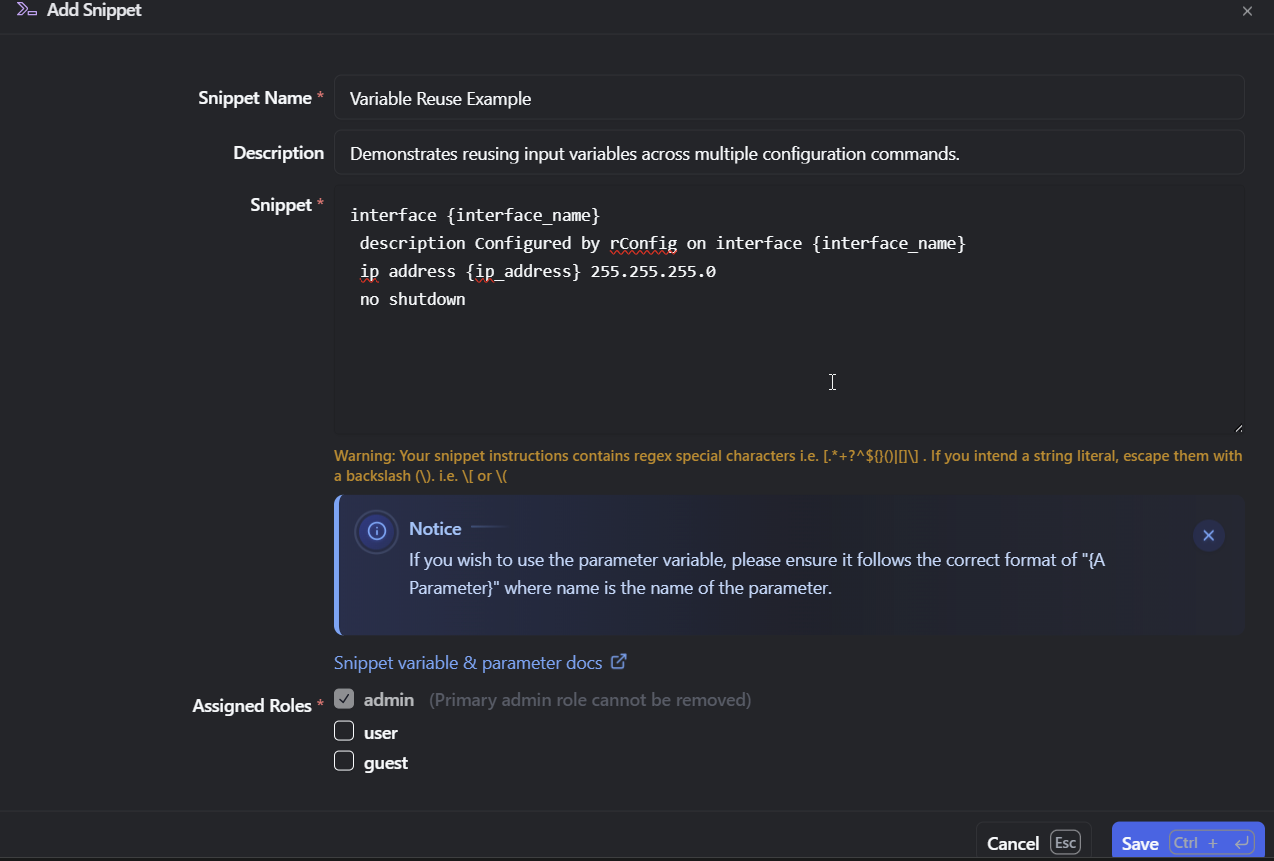 rConfig V8 parameterized configuration snippet editor with variable placeholders for dynamic deployment