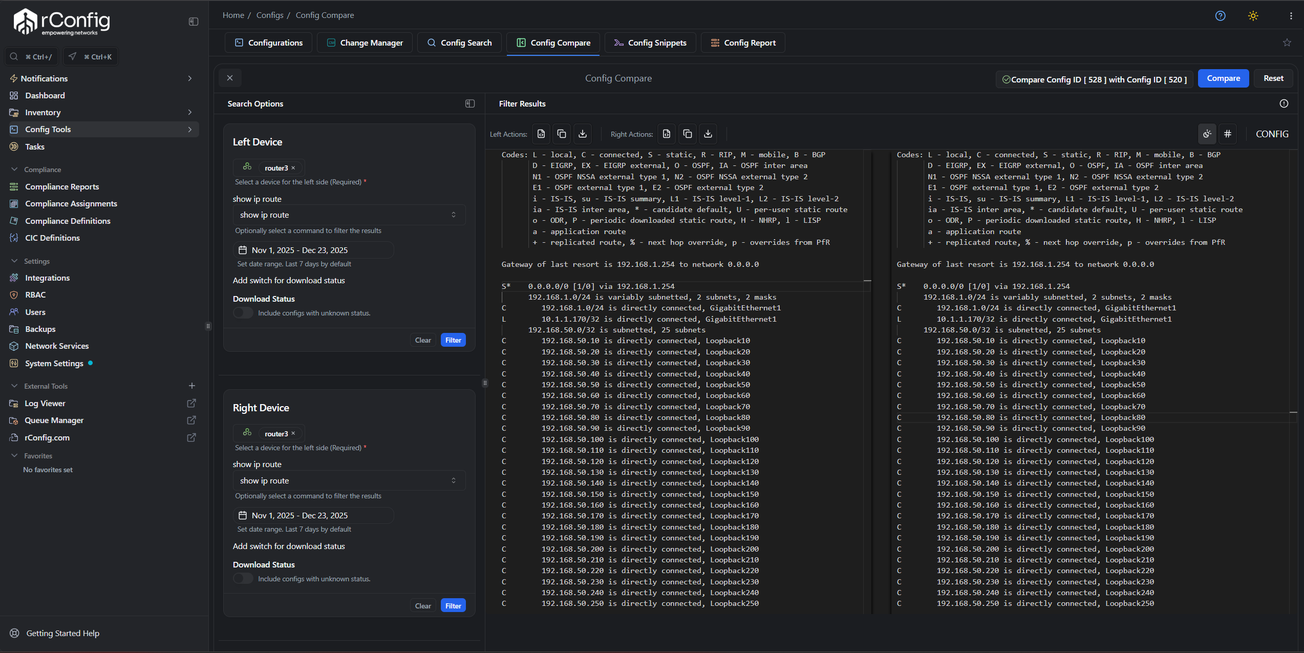 rConfig V8 Manual Compare interface with Compare Configs button enabled after device and version selection