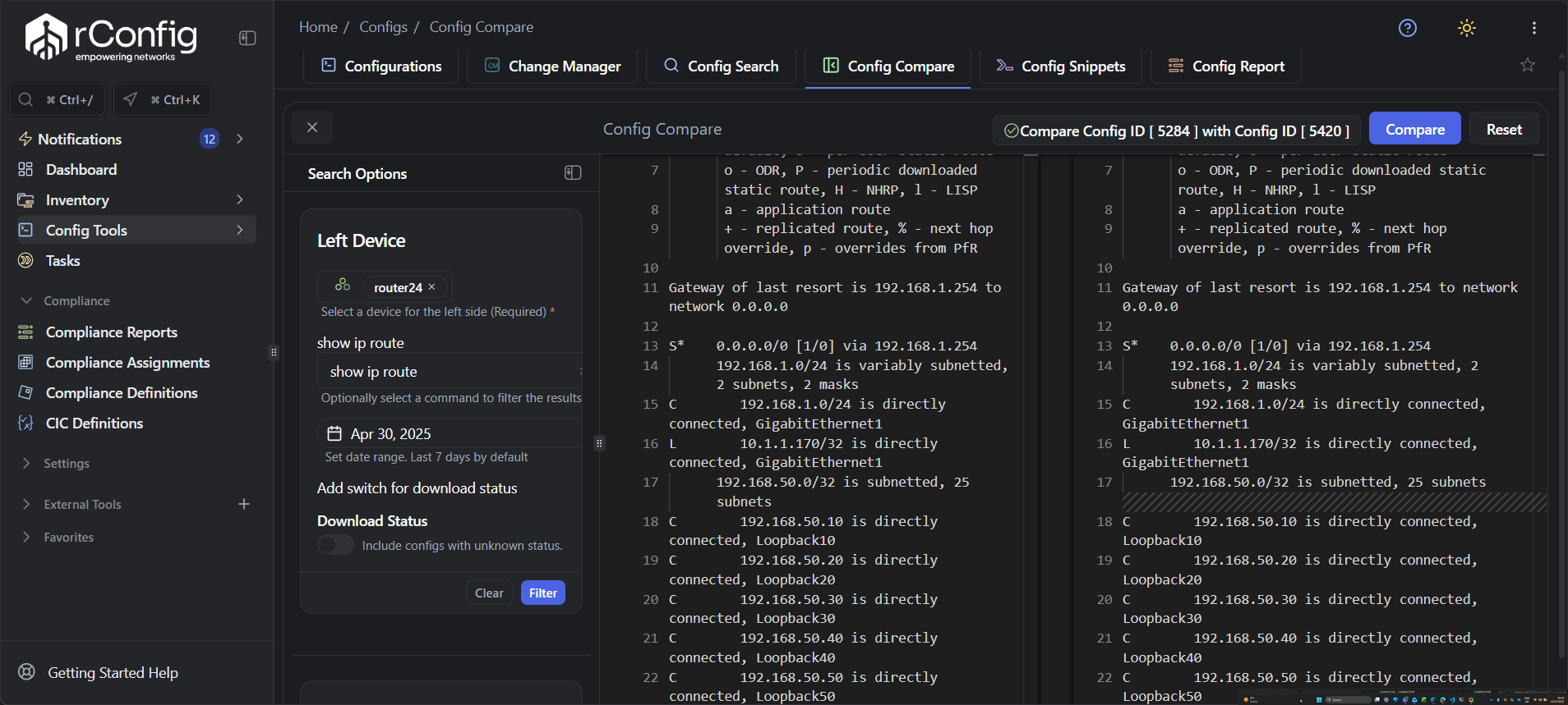 rConfig V8 Monaco Editor diff results displaying color-coded configuration changes with red, green, and unchanged sections