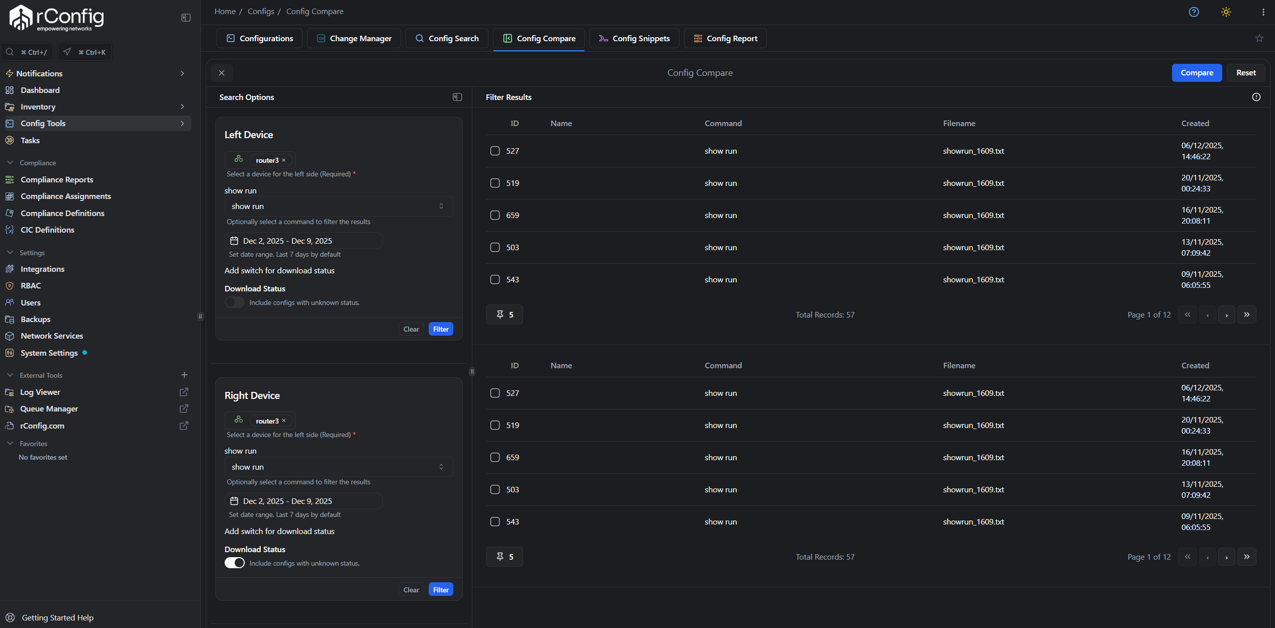 rConfig V8 Manual Compare interface with left and right device selection dropdowns for configuration analysis
