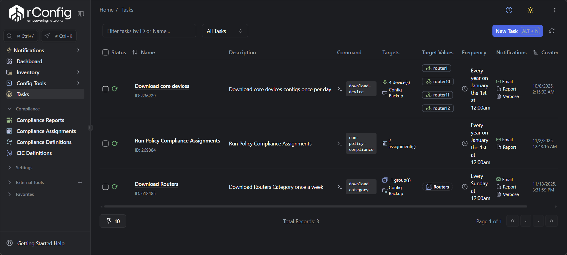 rConfig V8 Tasks main view displaying scheduled network device configuration backup tasks and automation