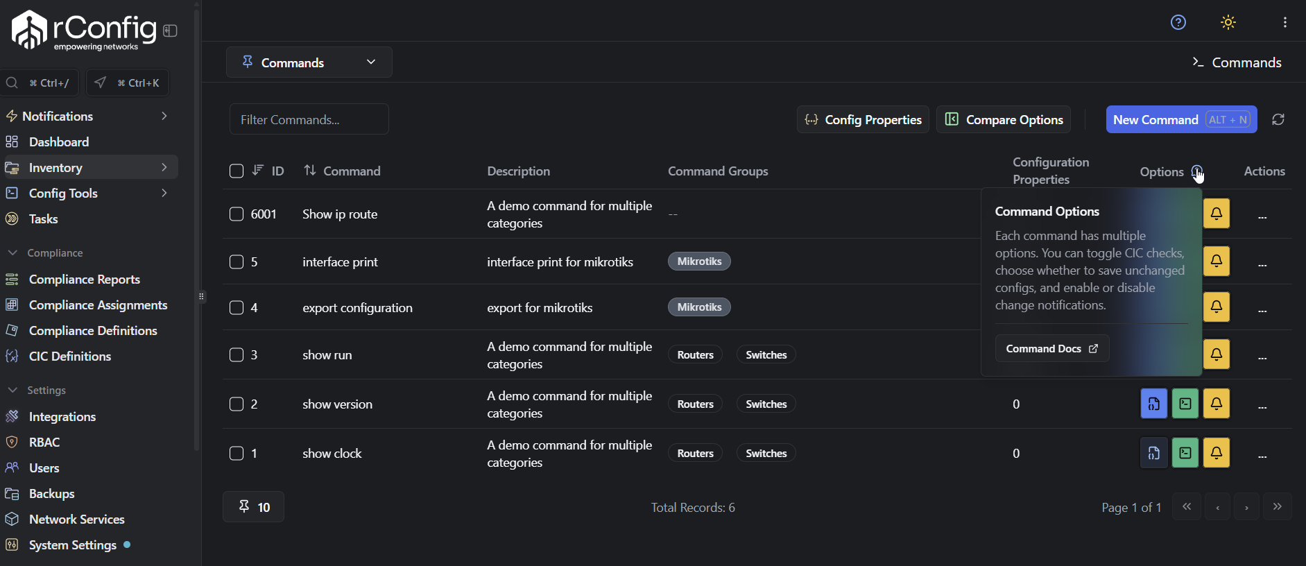 rConfig V8 contextual help icons and tooltips for network configuration management guidance