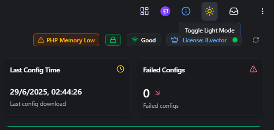 rConfig V8 dashboard top bar with the sun icon theme switcher highlighted and the Toggle Light Mode tooltip visible