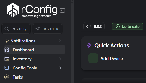 rConfig V8 keyboard shortcuts interface showing Ctrl+K navigation and configuration management hotkeys