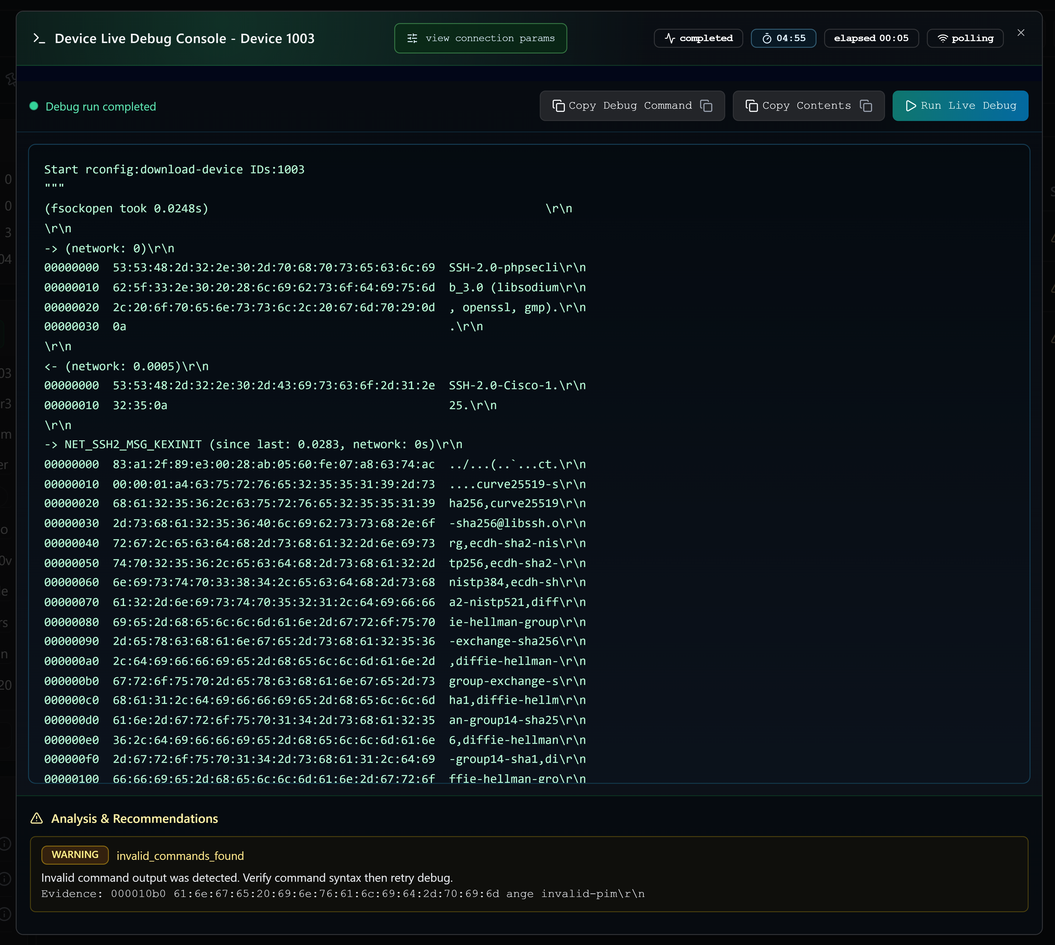 Full Live Debug Console showing the title bar with status badges, action toolbar, terminal-style live output area, and the analysis & recommendations panel beneath