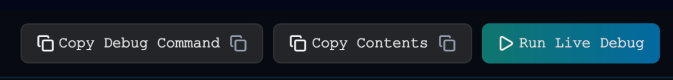 Live Debug Console action toolbar with Copy Debug Command, Copy Contents, and Run Live Debug buttons
