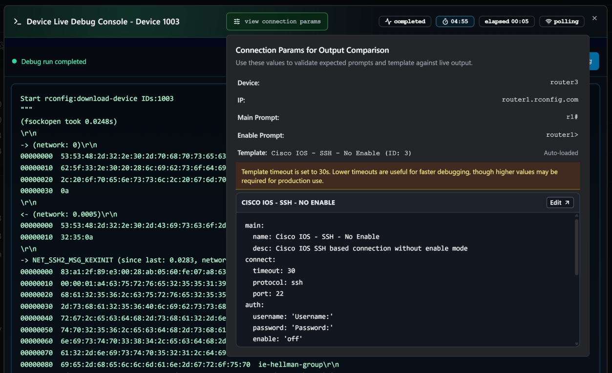 View Connection Params popover showing Device, IP, Main Prompt, Enable Prompt, Template name and ID, and a syntax-highlighted YAML preview of the assigned template