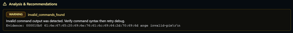 Analysis & Recommendations panel below the terminal showing a list of severity-tagged rule findings extracted from the debug output