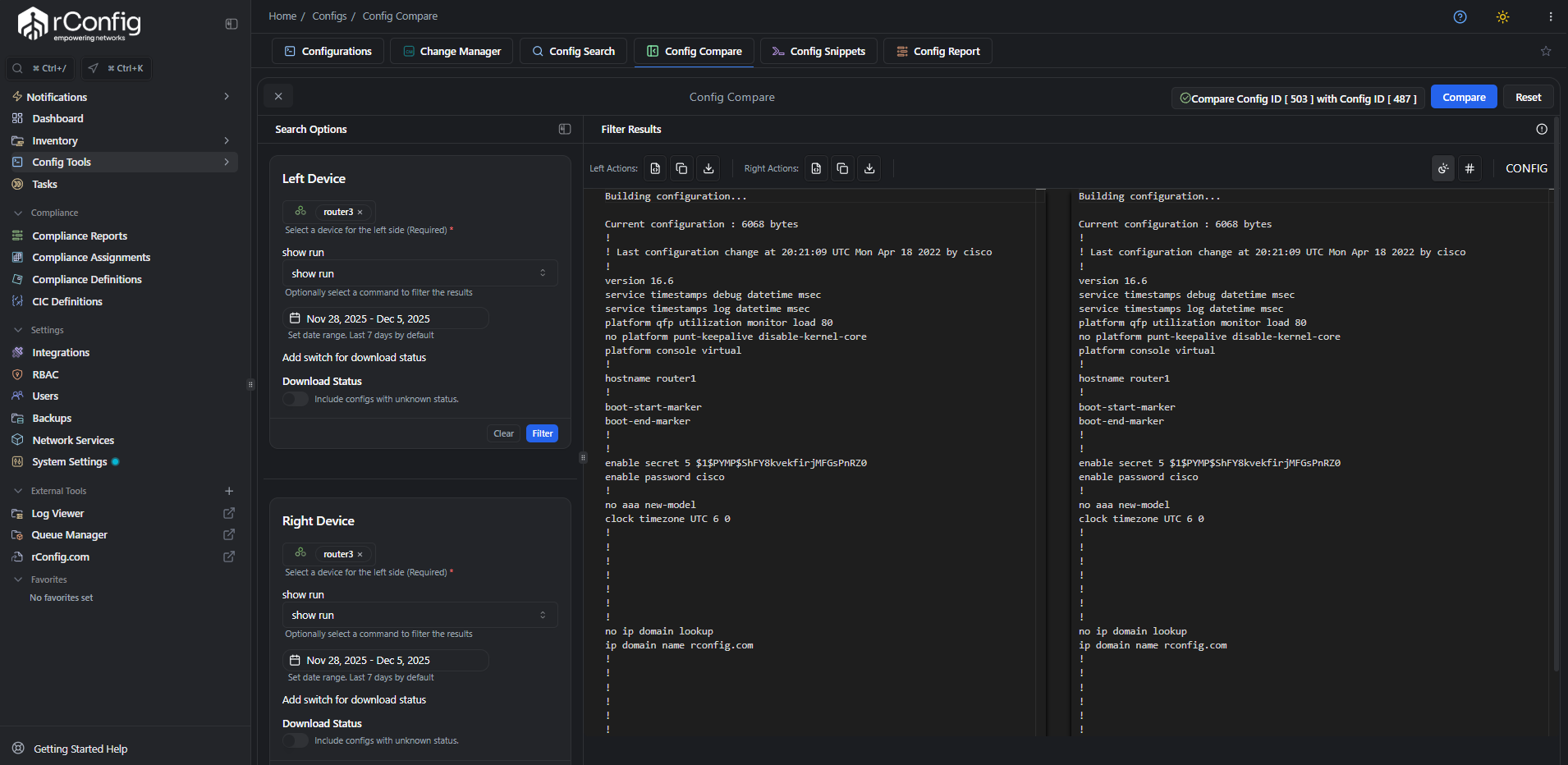 rConfig V8 Compare Editor showing side-by-side network configuration diff with change highlighting