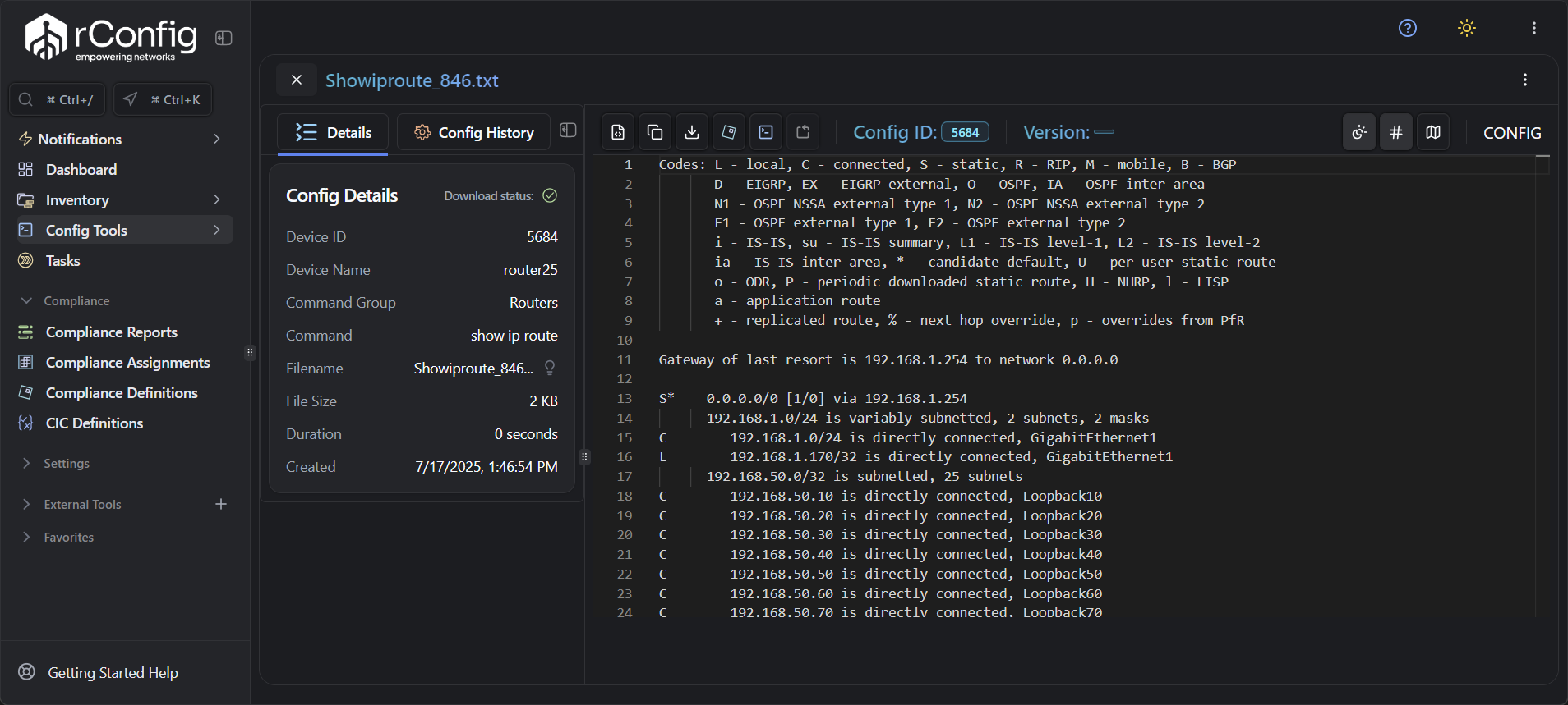 rConfig V8 Monaco Code Editor interface for network configuration management with syntax highlighting and toolbar options
