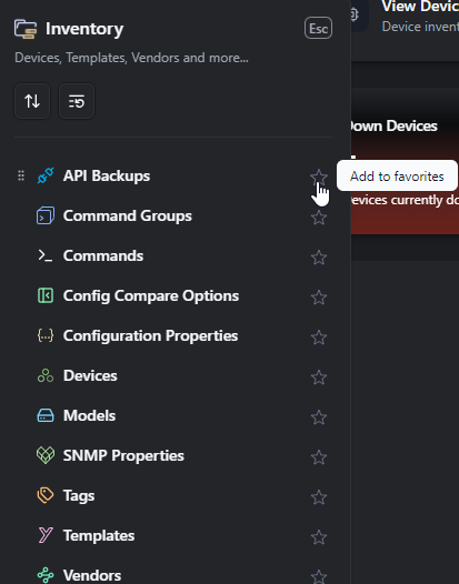 rConfig V8 Favorites workspace showing bookmarked network device configuration tools and reports