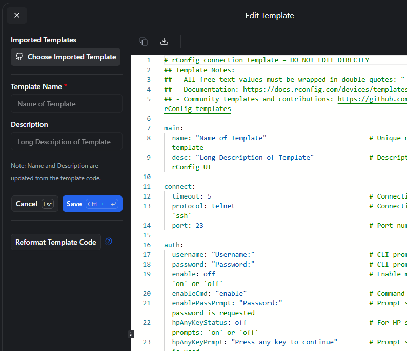 New template editor with the Choose Imported Template button in the Imported Templates panel