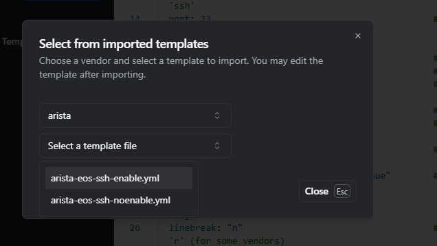 Select from imported templates dialog with the arista vendor selected and its template files listed