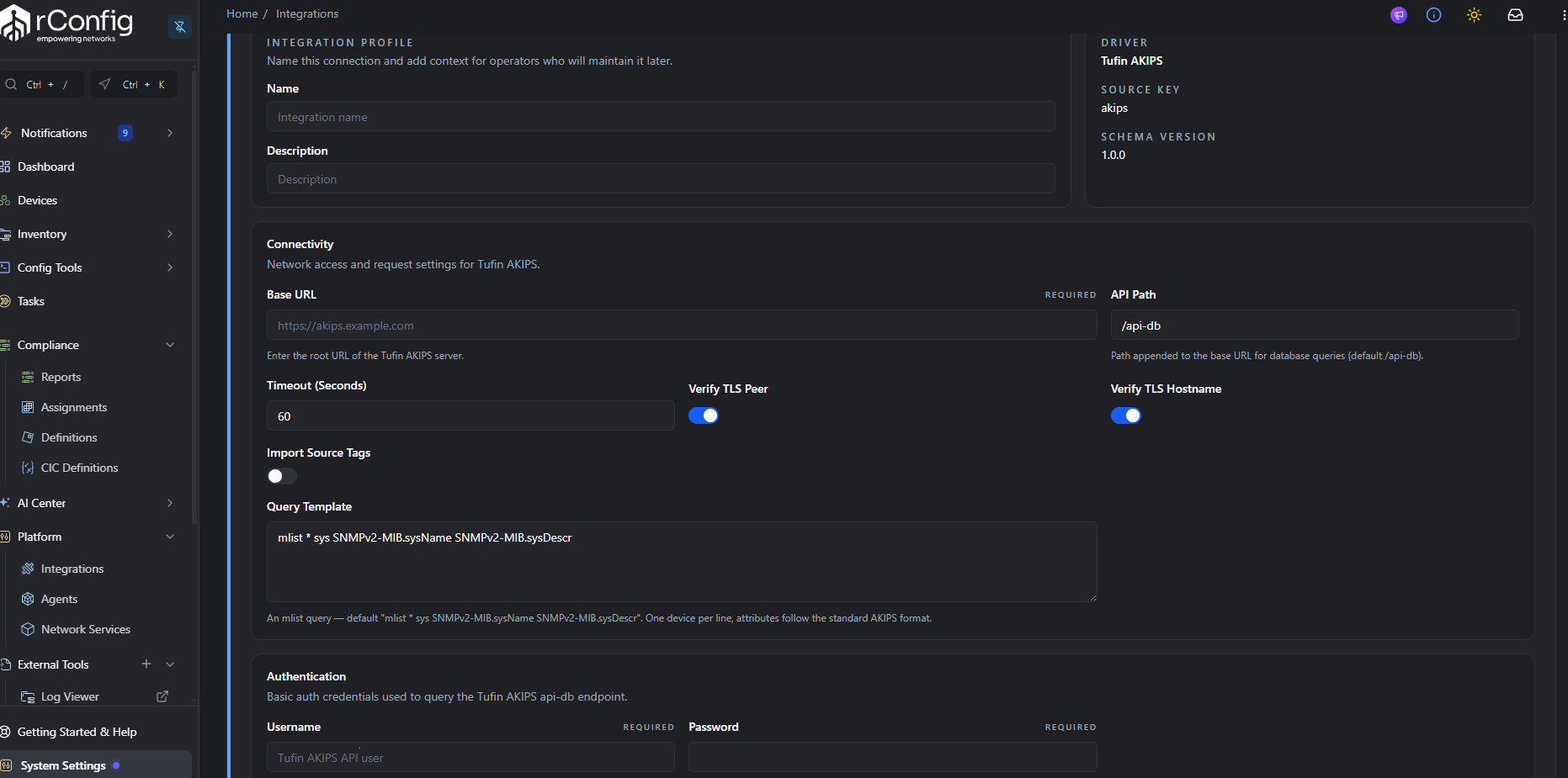 Tufin AKIPS Setup tab with Connectivity and Authentication sections expanded