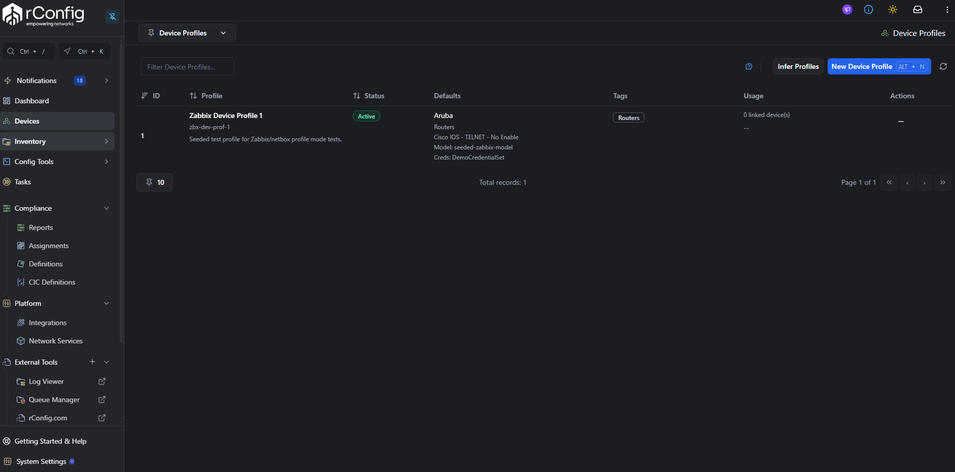 Inventory → Device Profiles list