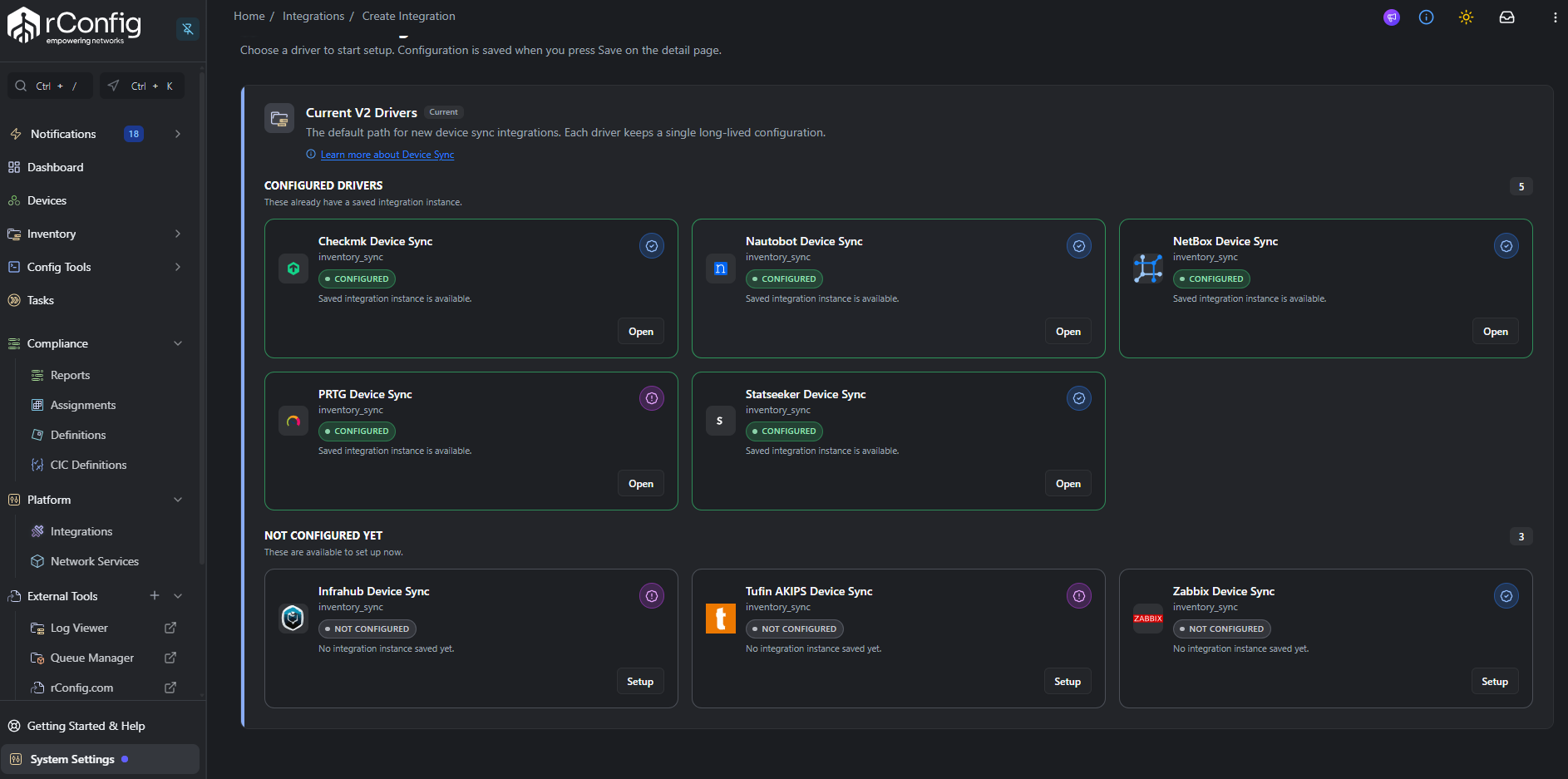 V2 driver picker (Settings → Integrations → New V2 Integration) with Checkmk highlighted