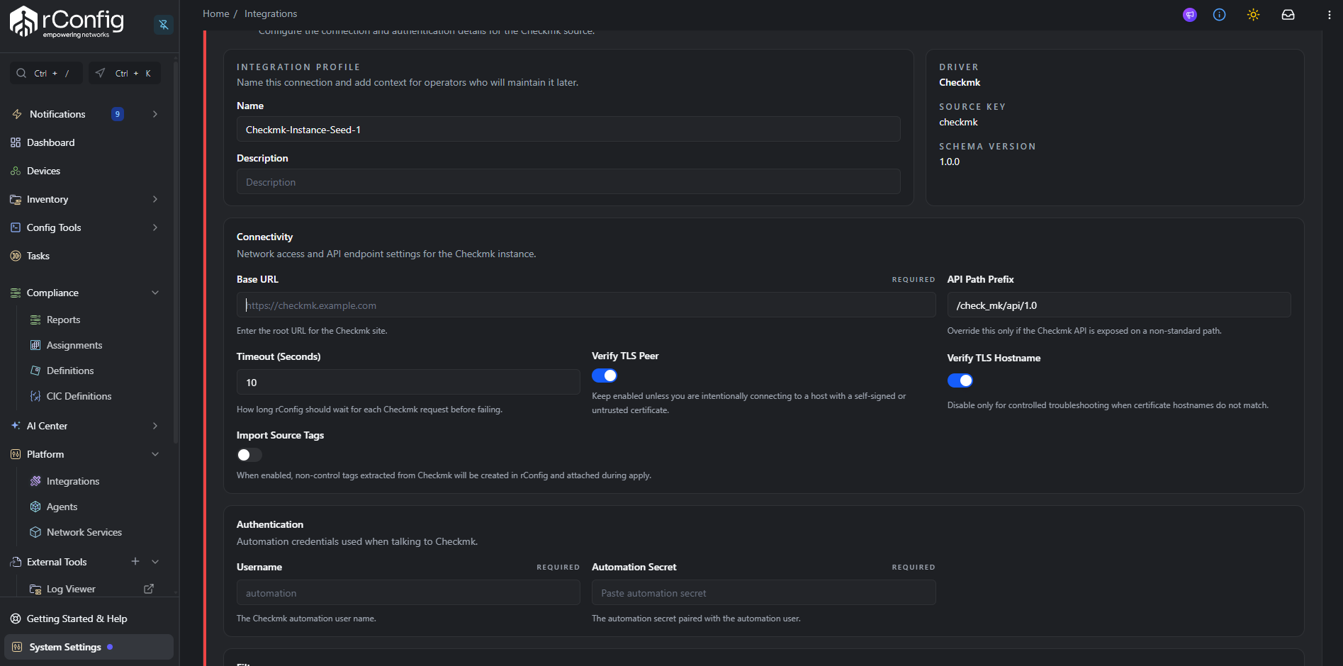 Checkmk Setup tab with Connectivity and Authentication sections expanded