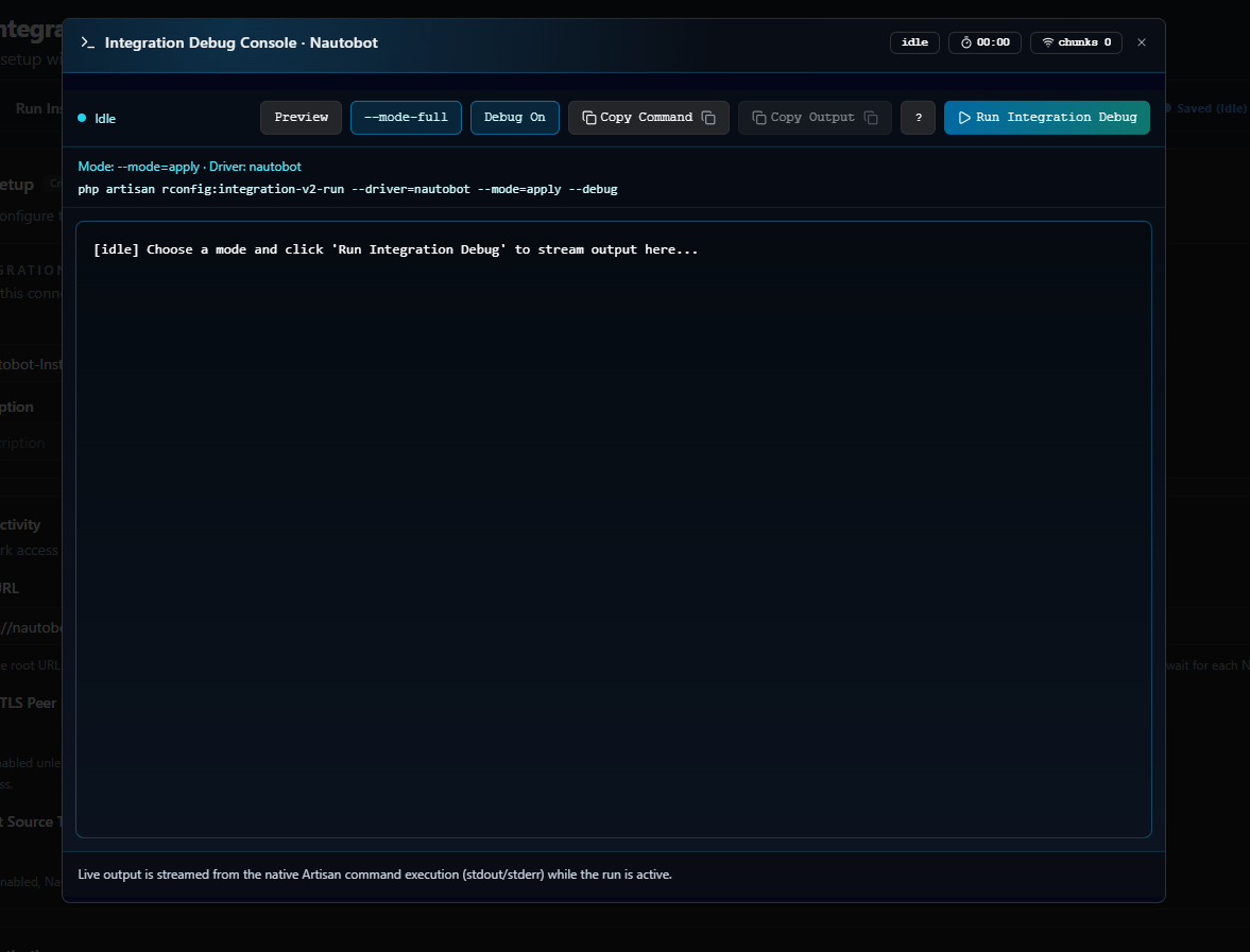 Debug Console dialog at idle, showing the Preview and --mode-full toggles, Debug On/Off toggle, command line, and empty output panel